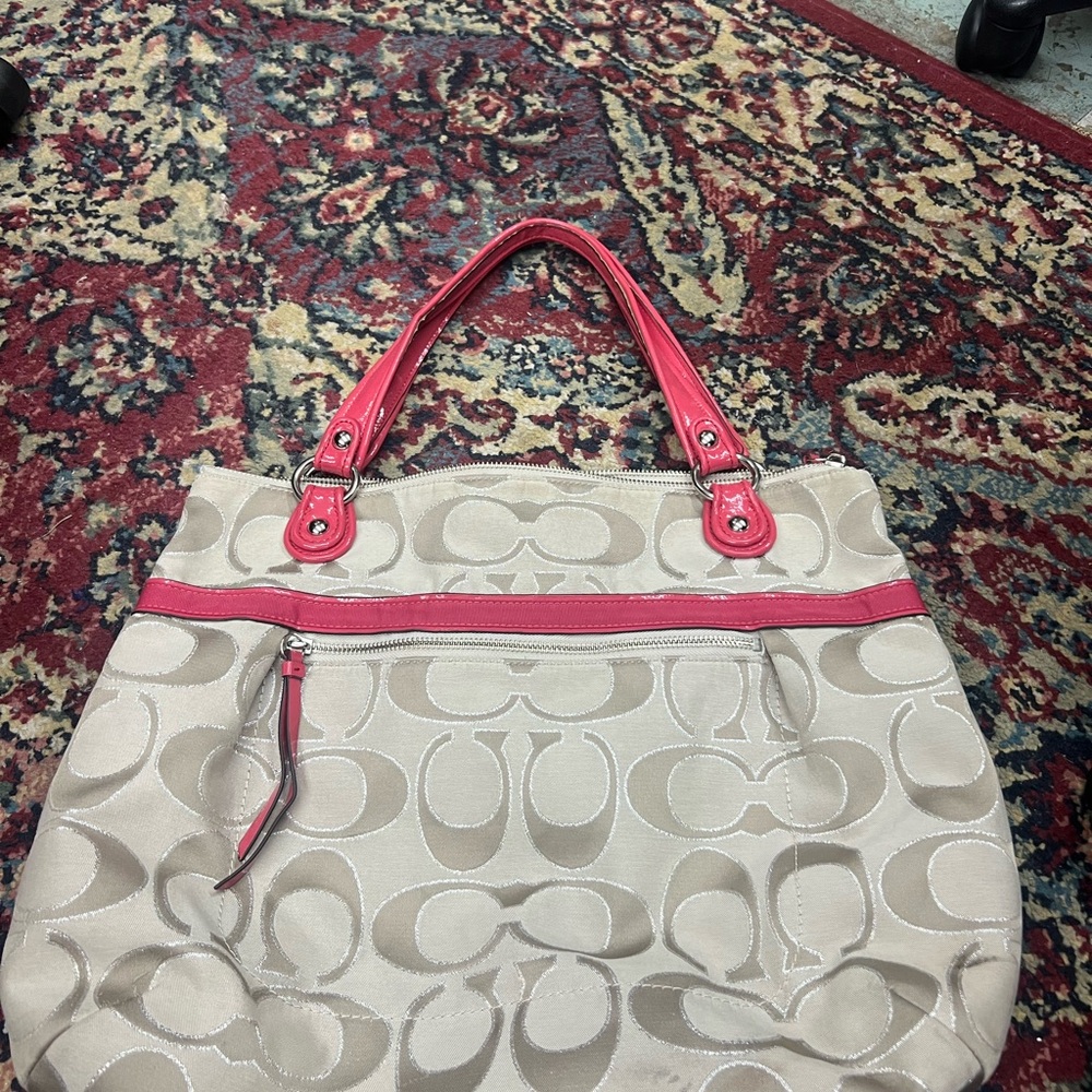 Coach Beige and Pink Signature Tote Bag